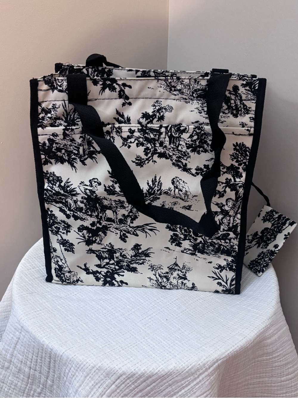 Black & White Scenic Toile Tote with Webbed Straps